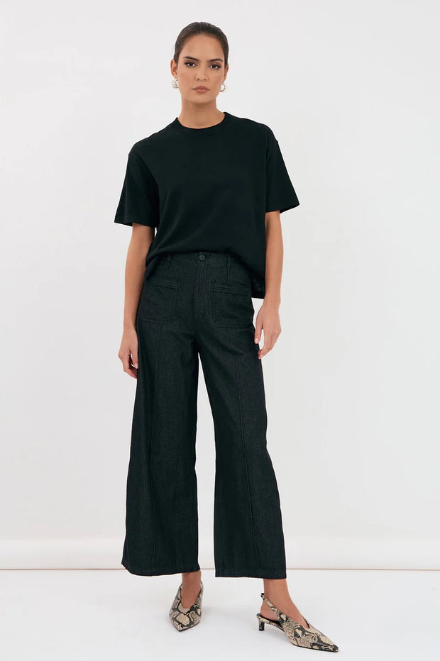 Selena patch pocket light weight denim pant - black