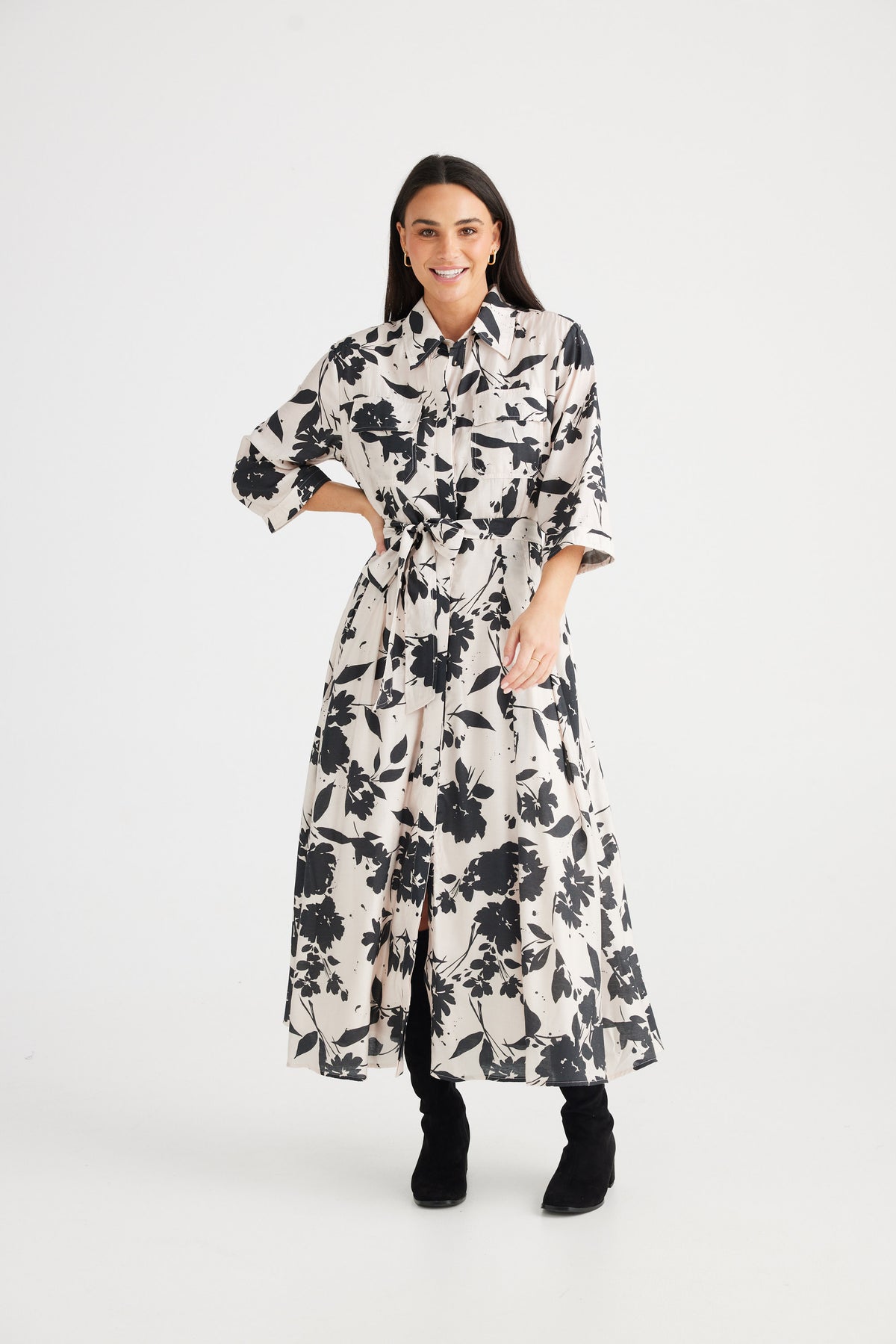 Rossellini 3/4 sleeve dress - shadow bloom