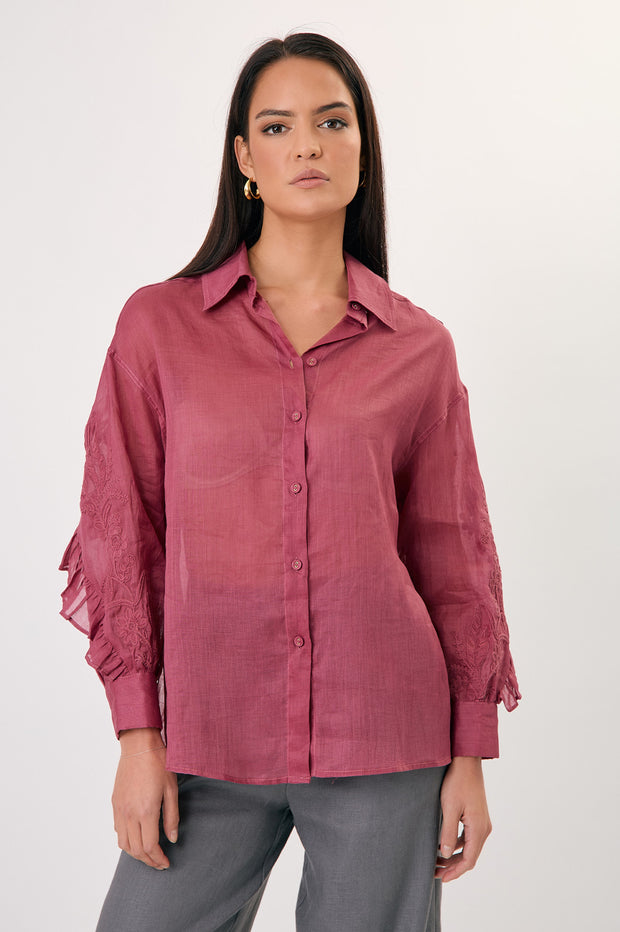 Wanda Embroidered Ramie Shirt - burgundy