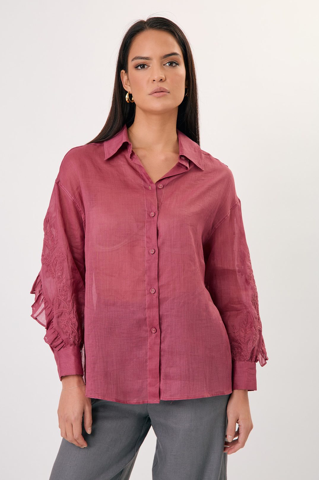 Wanda Embroidered Ramie Shirt - burgundy