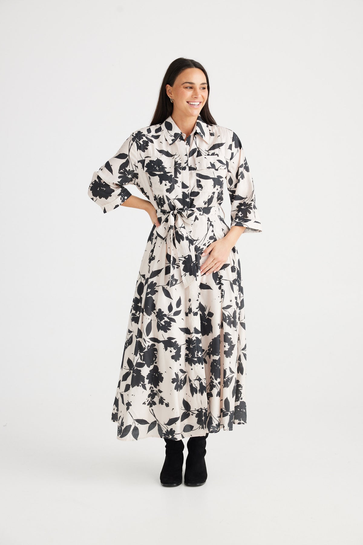 Rossellini 3/4 sleeve dress - shadow bloom