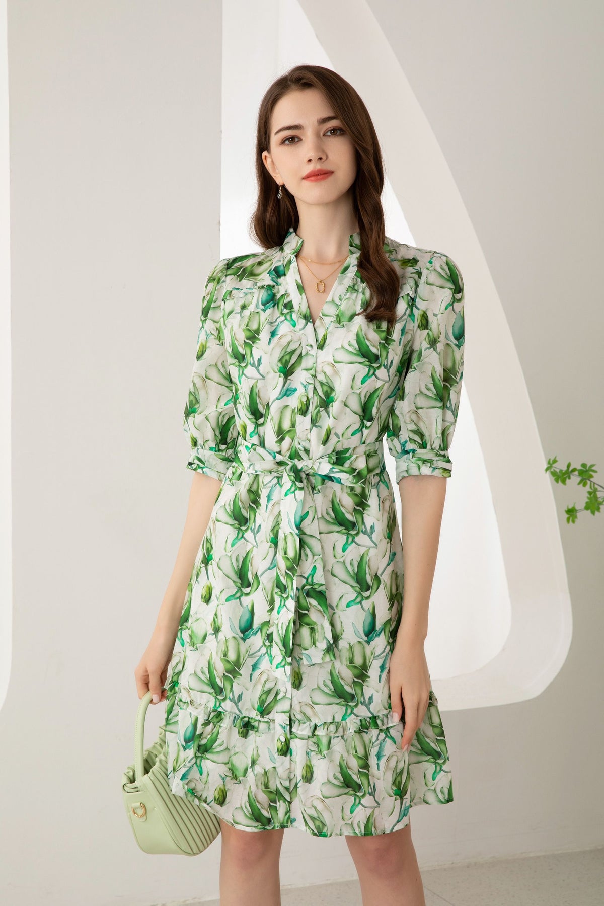 Risette short silk dress - green print