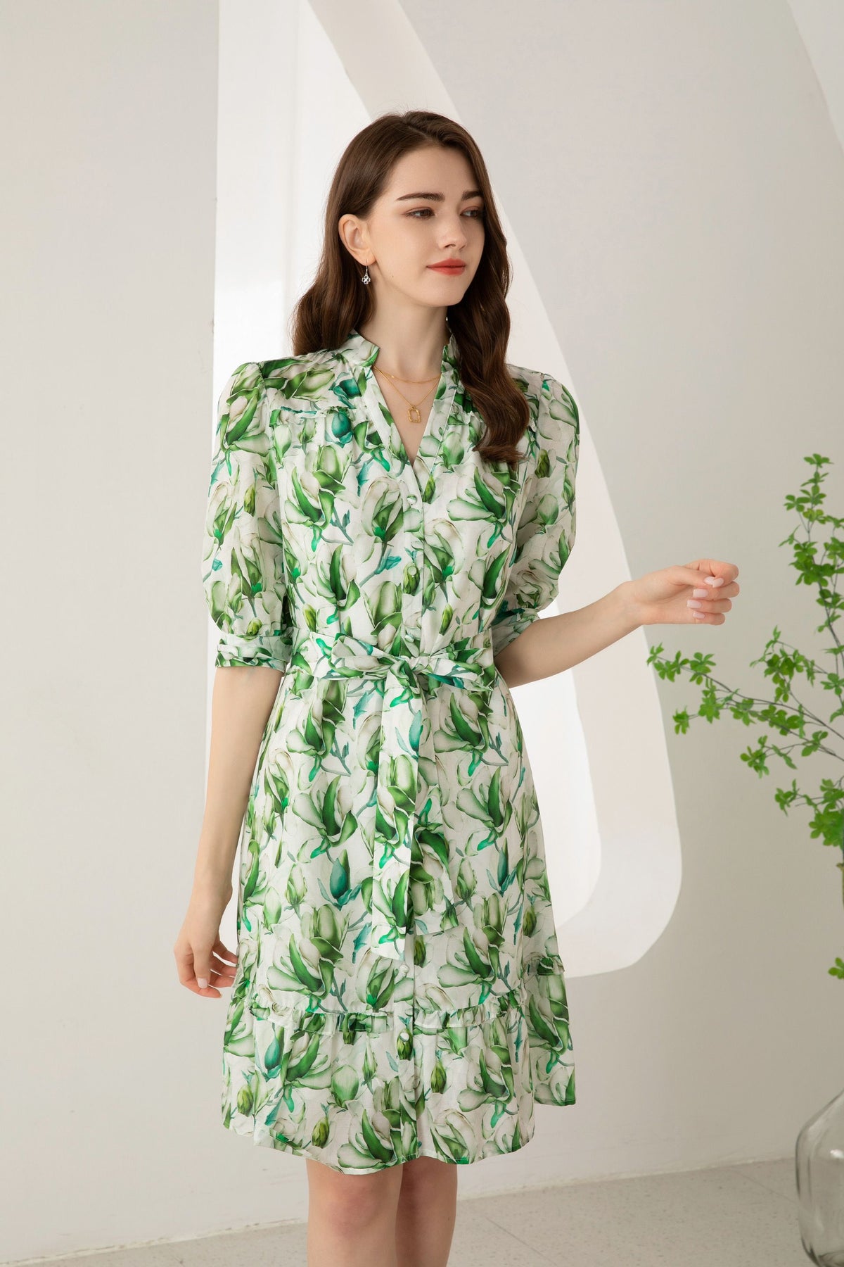 Risette short silk dress - green print