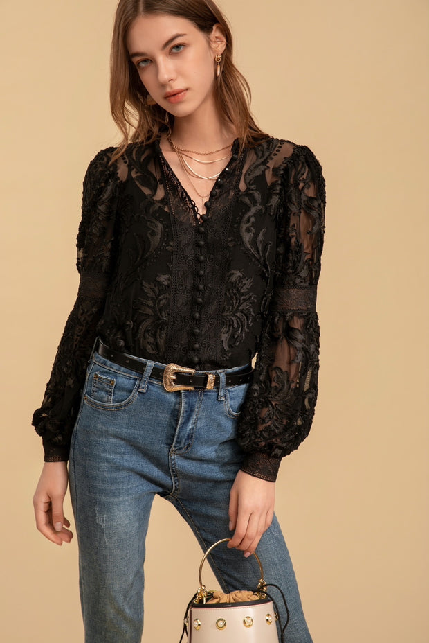 Yvette button lace blouse - black